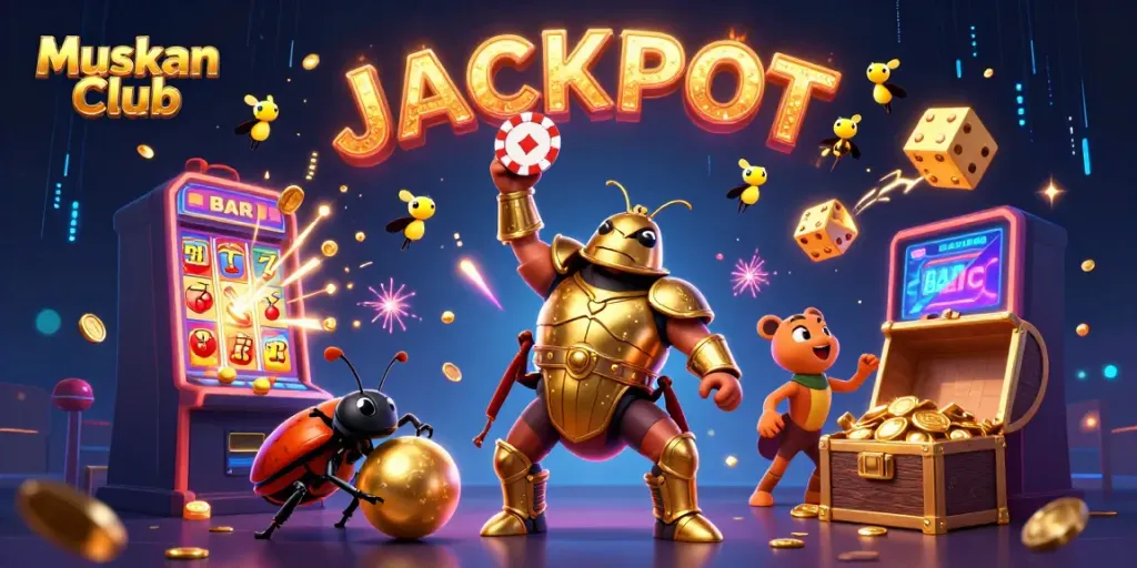 Engage with Muskan Club's exciting online gaming scene, featuring bold characters in a dynamic casino setting.