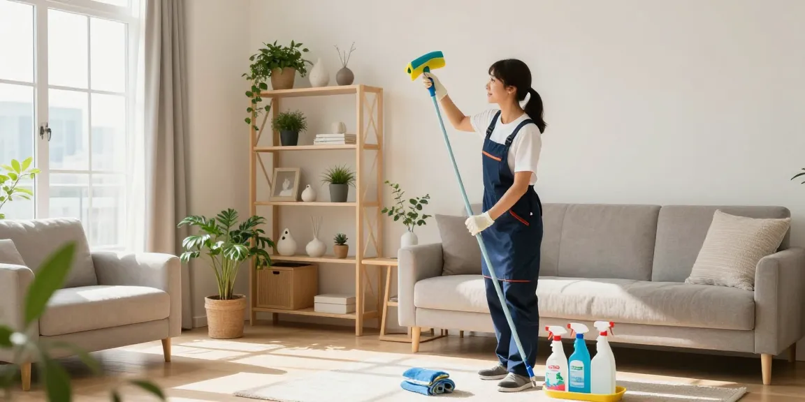Professional cleaner demonstrating cleaning services Hong Kong in a modern living room setting.