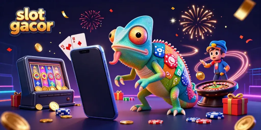 Experience slot gacor excitement with a colorful scene of a chameleon casino owner and vibrant gaming elements.