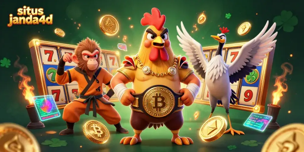 Menghadirkan situs janda4d dengan ilustrasi 3D bertema kasino, menampilkan ayam jantan Muay Thai, monyet Shaolin, dan crane bijak beraksi di sekitar elemen slot yang menarik.