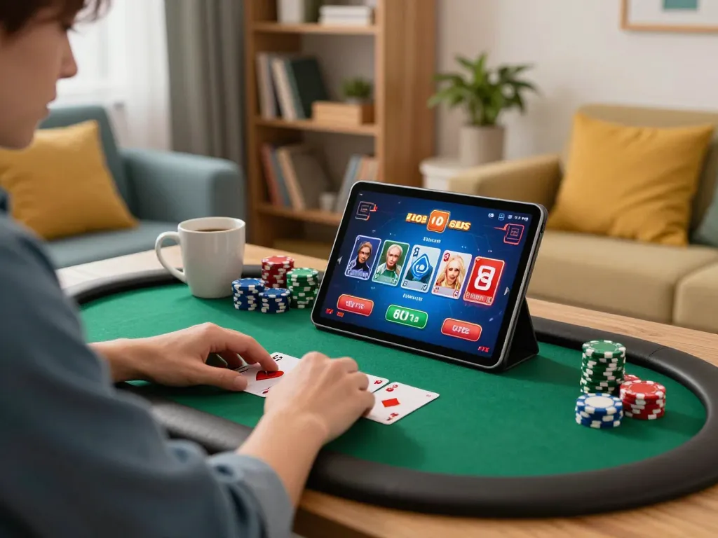 Engaging online poker gameplay at home featuring sc8885 digital interface amidst cozy atmosphere.