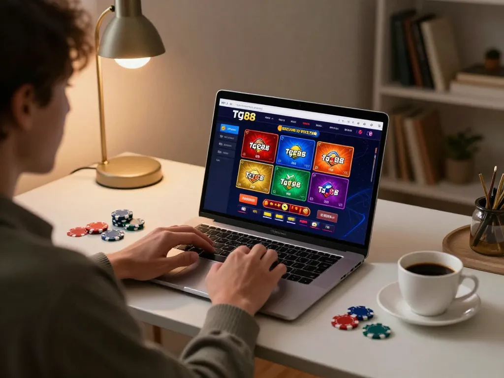 Engaging in strategic gameplay on the tg88 online casino platform while enjoying a cozy home setup.