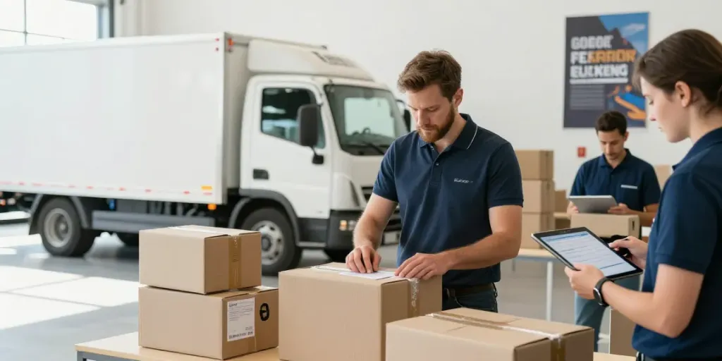 Transport colete Moldova Europa în centrul de logistică, angajați pregătind pachete pentru expediere.