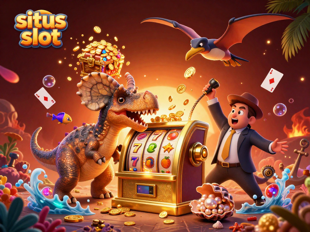 Situs slot scene with a dinosaur winning jackpot coins, dynamic casino elements scattered