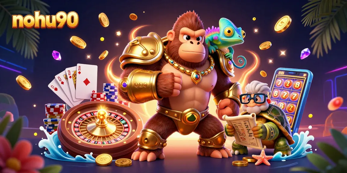 Nohu90 transforms gaming with vibrant casino action featuring a powerful gorilla king and lucky chameleon.