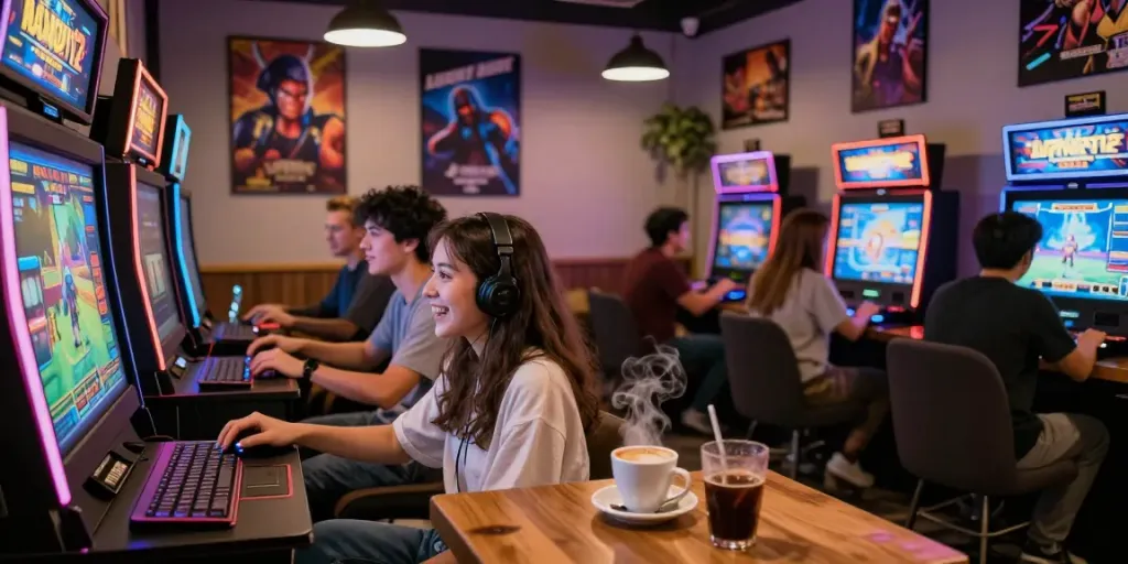 Luxury12 players enjoying fast and exciting online slots in a cozy cafe.