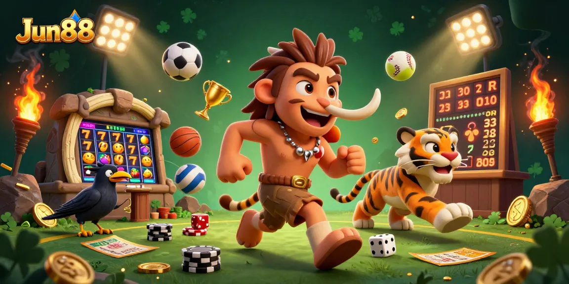 Win at Jun88 with exciting casino games and vibrant gambling atmosphere featuring cartoon characters.