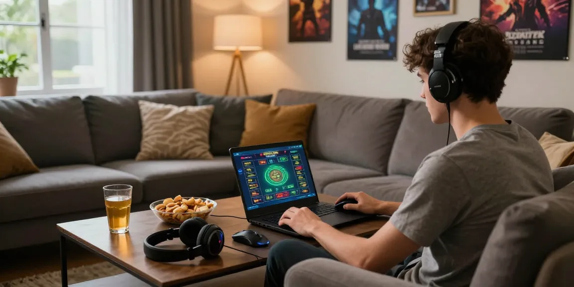 Immersive gaming experience with 토토사이트 displayed on laptop in a cozy setting