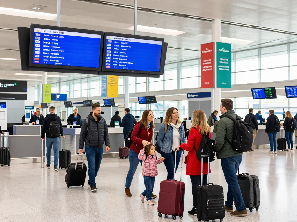 Travelers arriving at Manchester Airport from Halifax, navigating a busy terminal.