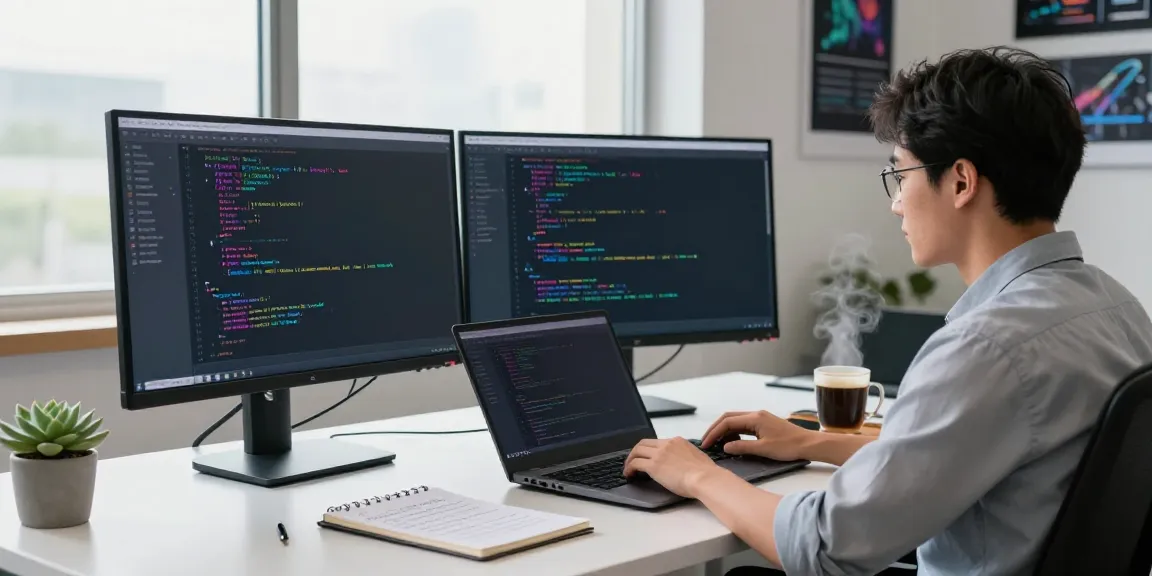 Developer using Notepad++ in a modern office setup, showcasing code editing and a collaborative atmosphere.