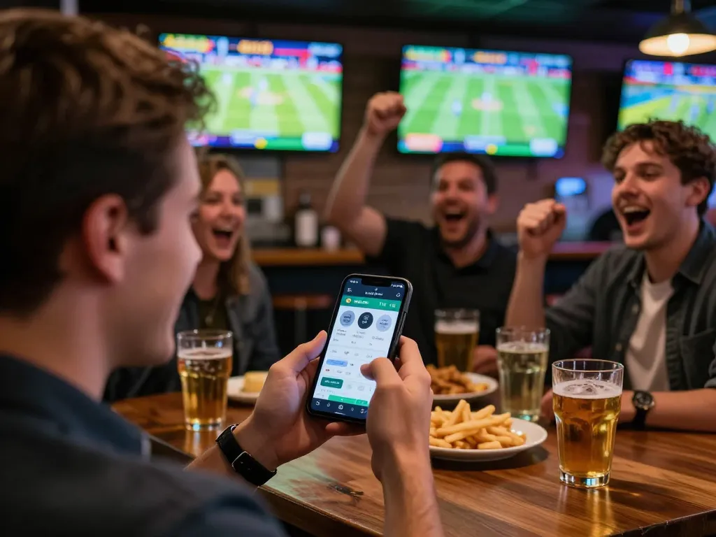 Engaged bettor placing mobile bets at c168 sports bar during live games, surrounded by cheering fans.