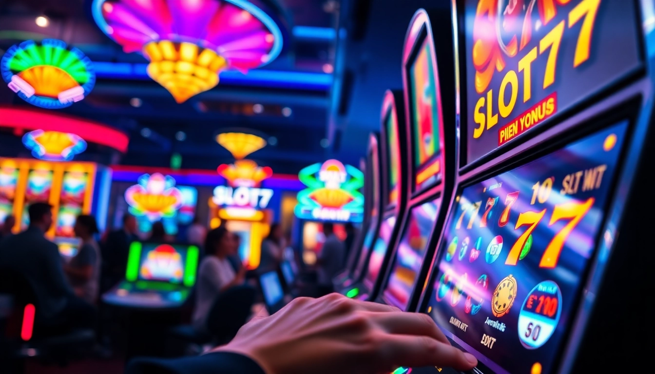 Slot77 mesin kasino menunjukkan pemain bersemangat bermain dan suasana ceria