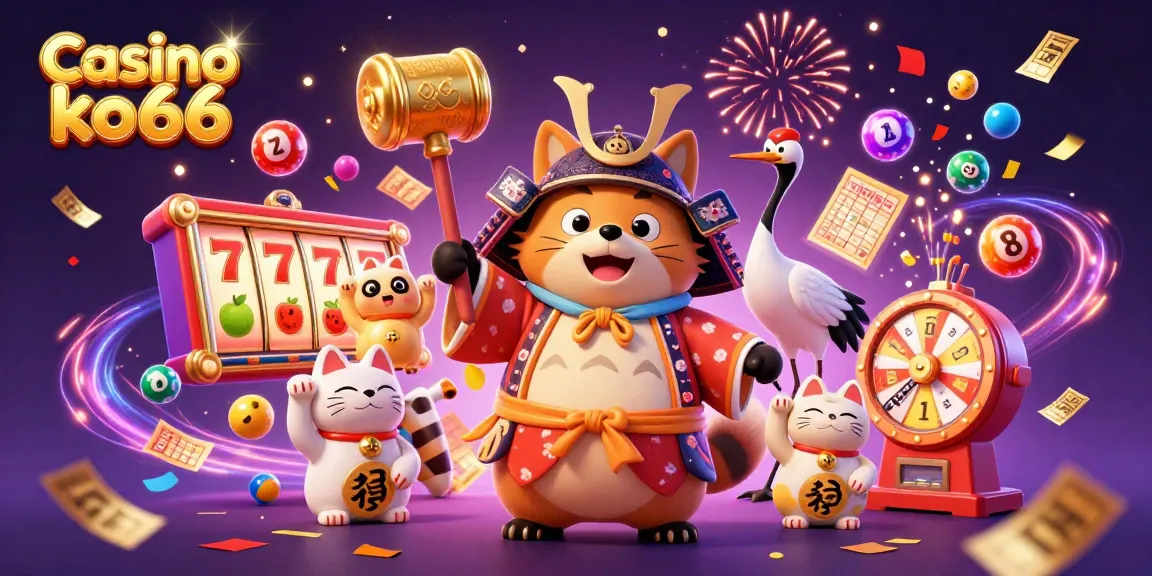 Engage with Casino ko66 in a vibrant 3D illustration depicting a cheerful tanuki, crane, and lucky cats amid festive gaming elements.
