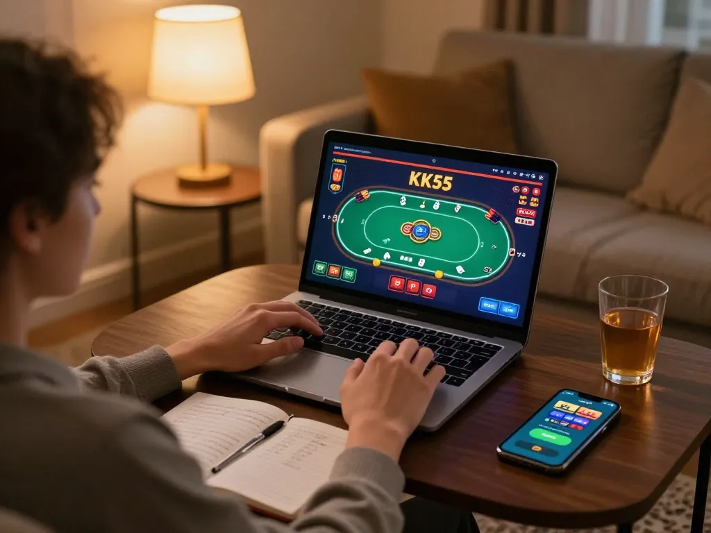 Player engaging in KK55 online gaming on a laptop in a cozy home setting, emphasizing responsible gambling atmosphere.