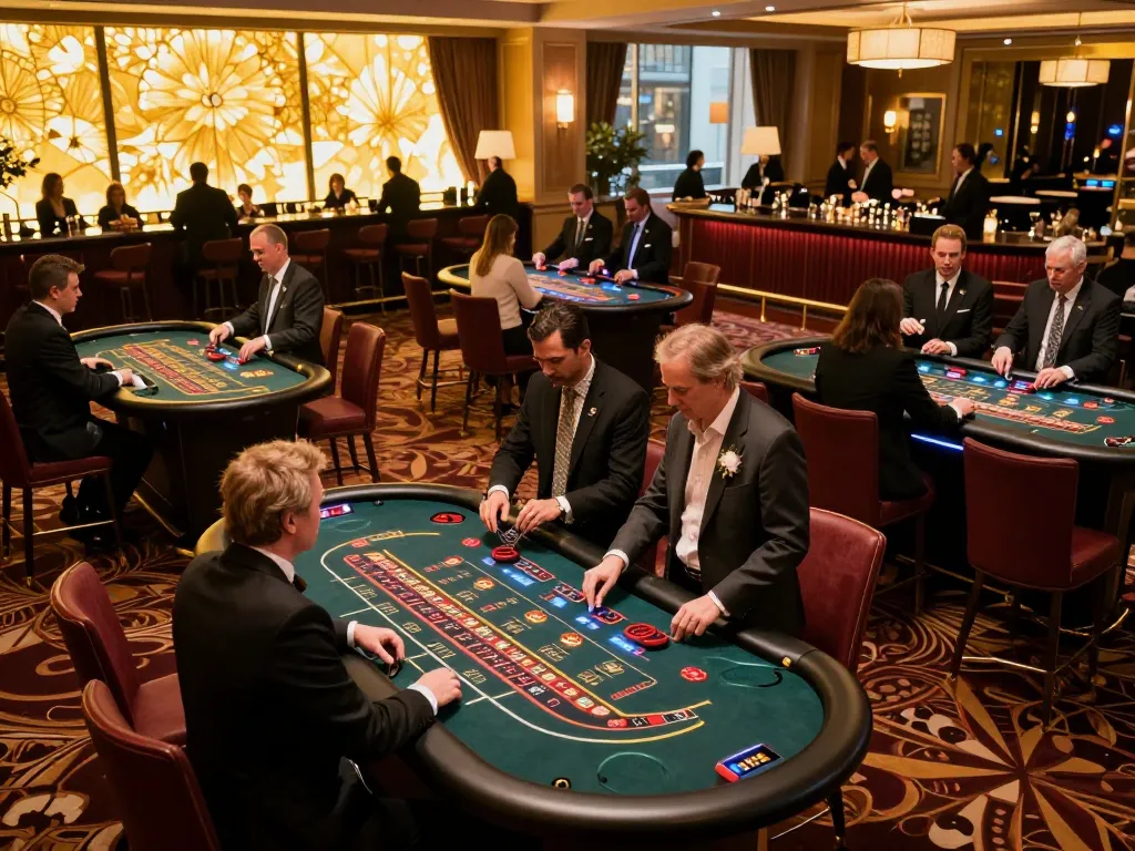 The hidden wiki highlights thrilling moments in an upscale casino with active gameplay at various tables, luxurious decor, and engaged players
