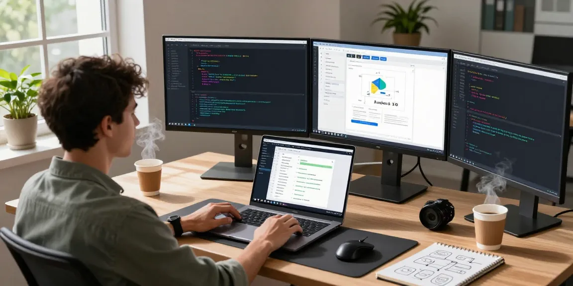 Learn dependency injection with Hilt in a vibrant software development workspace featuring Kotlin code on dual monitors.