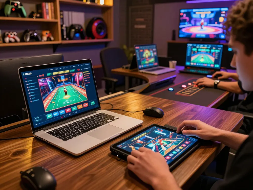 Engaging players enjoying MB88 live dealer games on tablet and laptop with vibrant gaming visuals