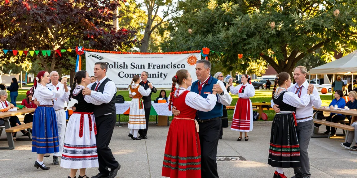 Polish San Francisco community celebrating at an outdoor cultural event at https://www.sfpol.com/ with vibrant folk costumes and joyful activities.