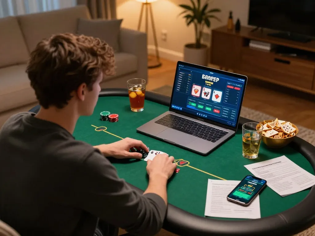 sc88 trang chủ user engaged in online poker gameplay at home with strategic notes and drinks