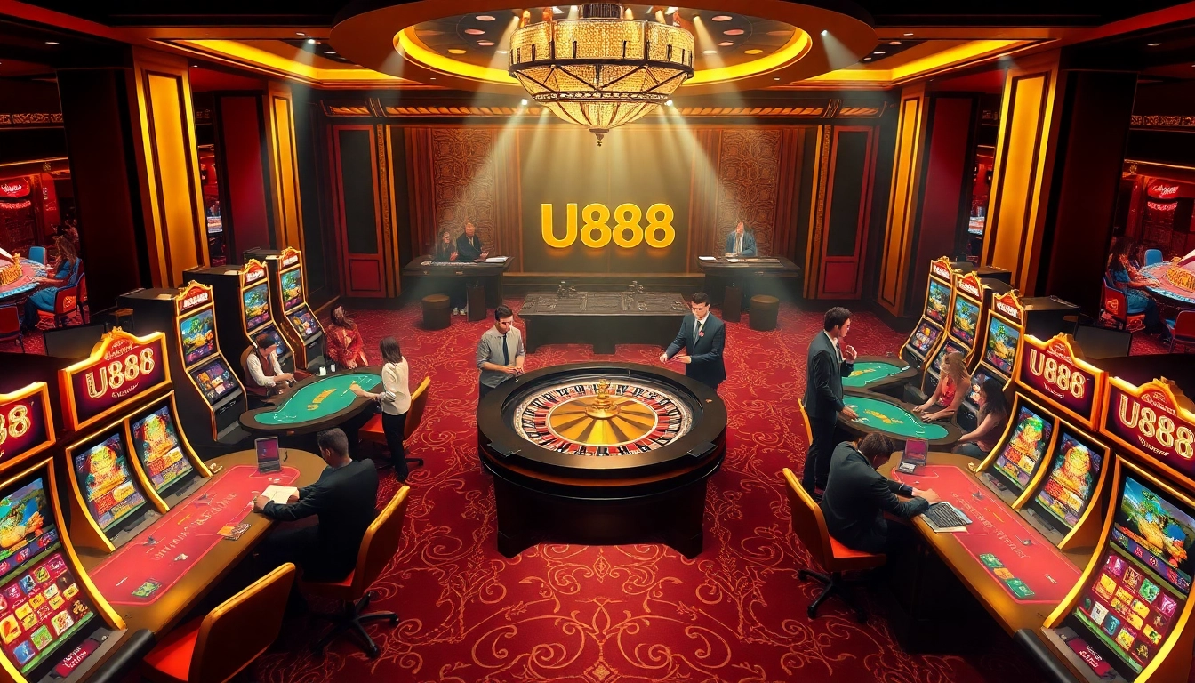 Experience the thrill of U888's vibrant casino atmosphere with bustling players and stunning gaming tables.