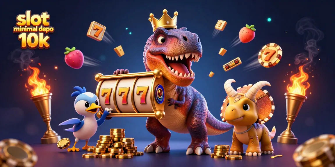 Slot minimal depo 10k menampilkan T-Rex ramah yang bermain slot, dilengkapi simbol keberuntungan dan koin emas.