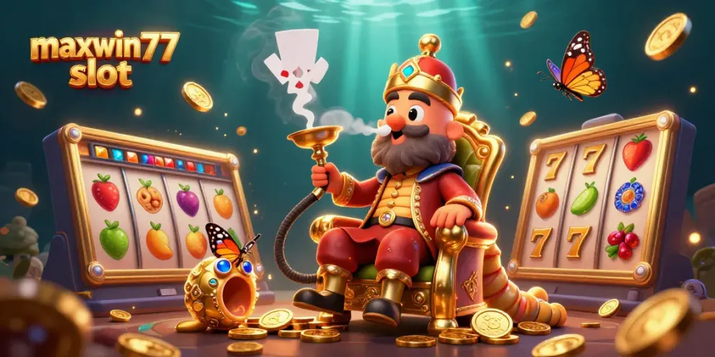 Engage with maxwin77 slot in a vibrant 3D cartoon scene filled with slots, coins, and celebratory elements.