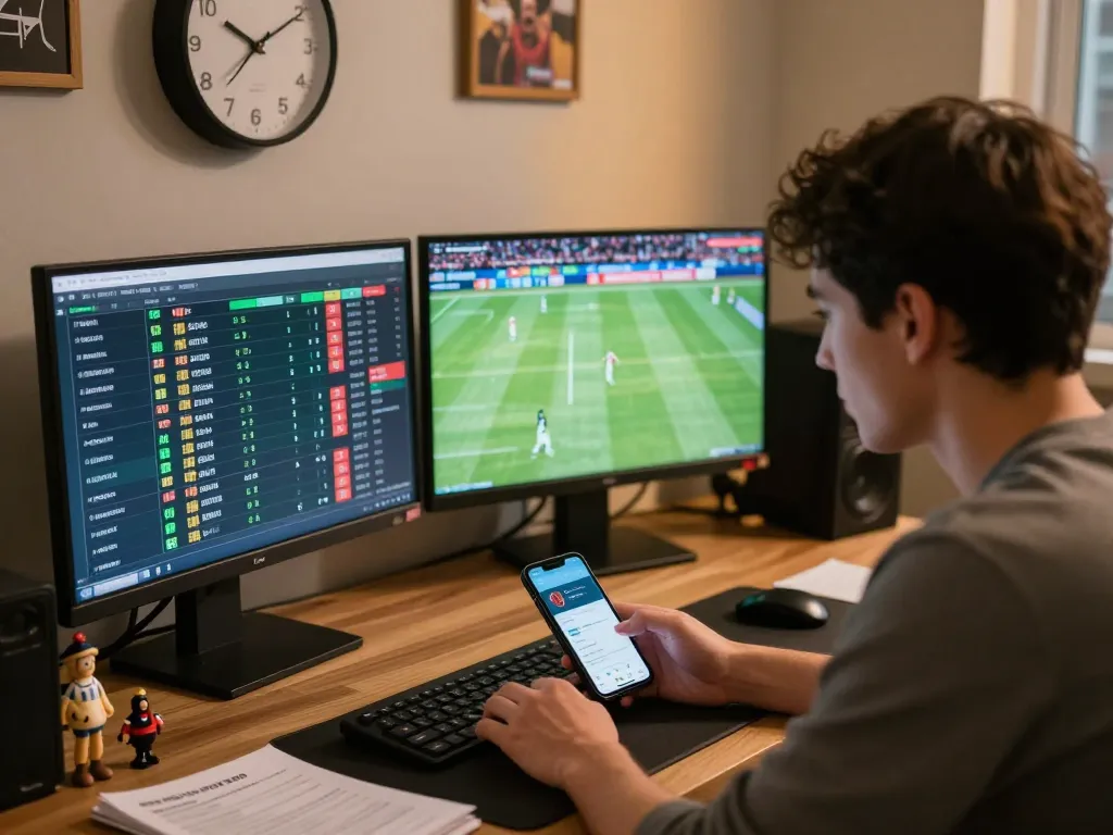 Engaging in kèo nhà cái action while analyzing live sports betting odds on multiple screens