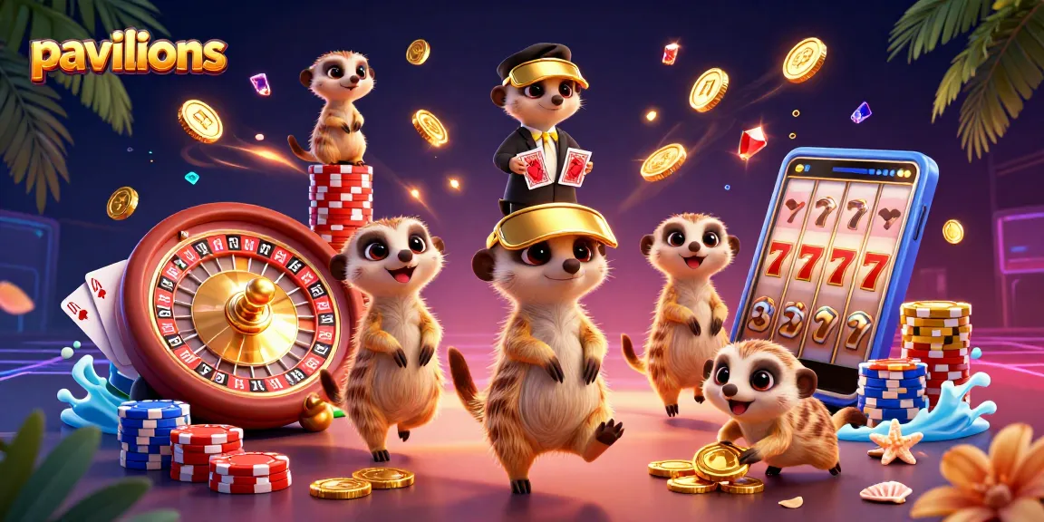 Pavilions showcase exciting meerkats in a lively casino scene with coins and slot reels.