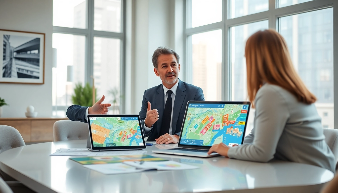 Engaging real estate agent showcasing property listings in a modern office setting.