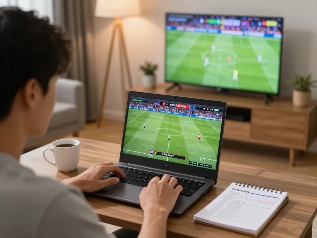 Kèo nhà cái insights being analyzed on a laptop while watching a live football match at home