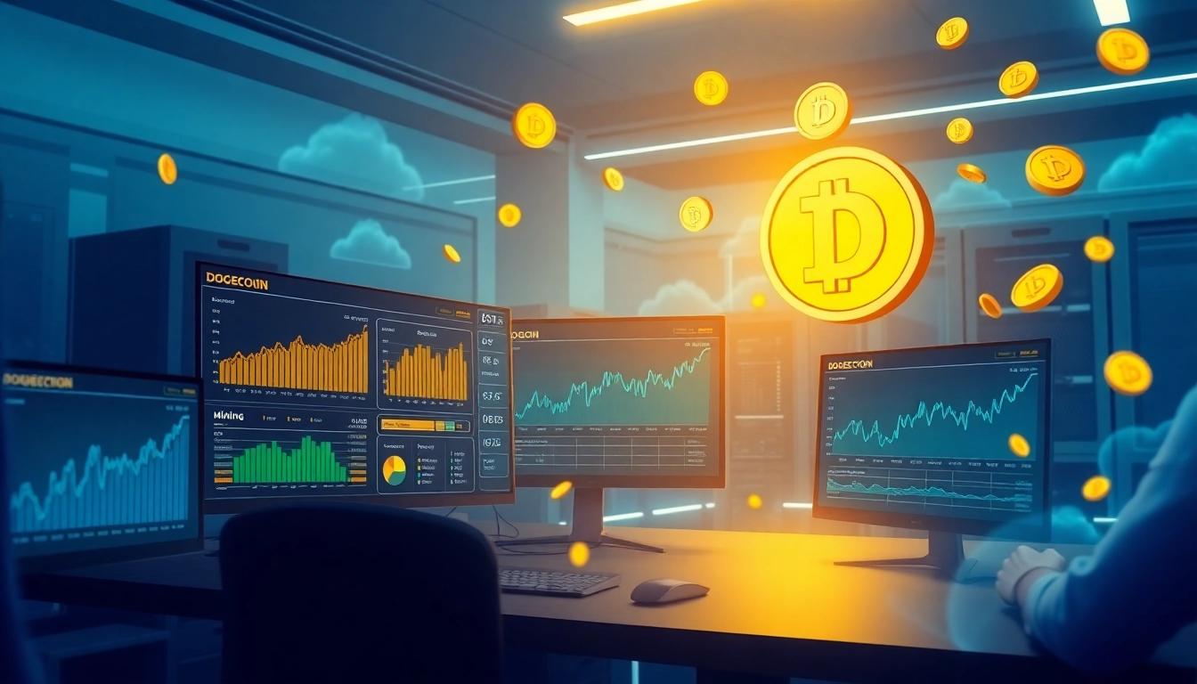 Engaging visualization of dogecoin cloud mining with futuristic technology and digital elements.