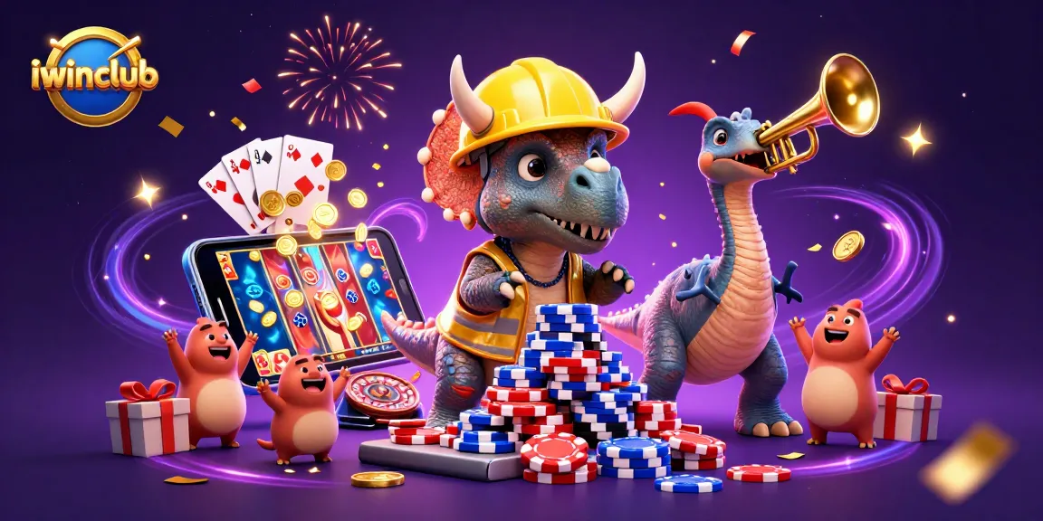 Engage with the iwinclub experience as a triceratops builds a poker chip pyramid amidst a colorful gaming celebration.
