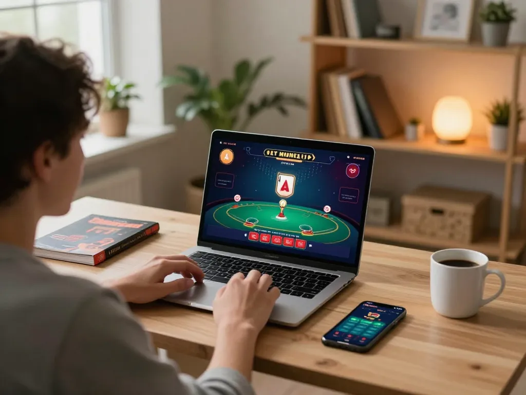 Engaging blackjack gameplay on a laptop screen at home, showcasing strategic online gambling with xfzc168.