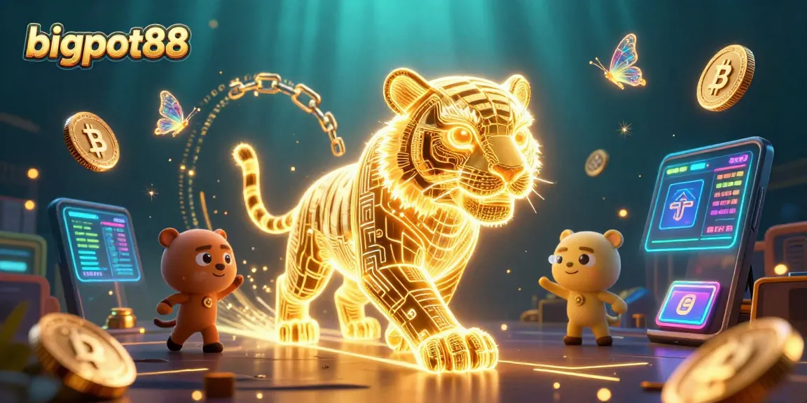Engage with bigpot88 through a dazzling casino scene featuring a neon-wireframe tiger and digital elements.