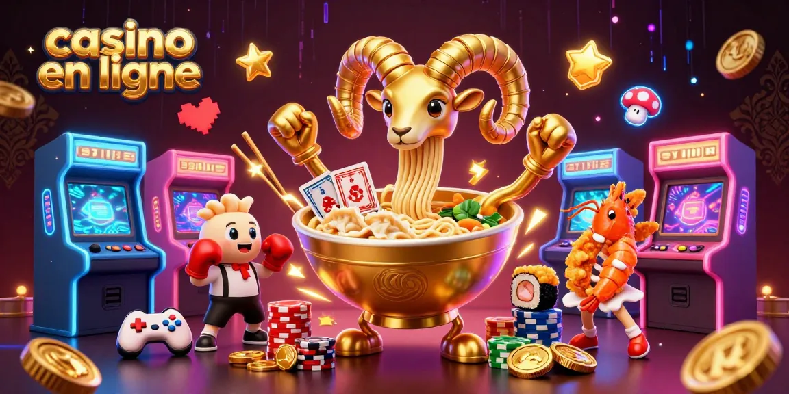 Jouer sur un casino en ligne avec un bol de ramen géant et des décorations colorées.