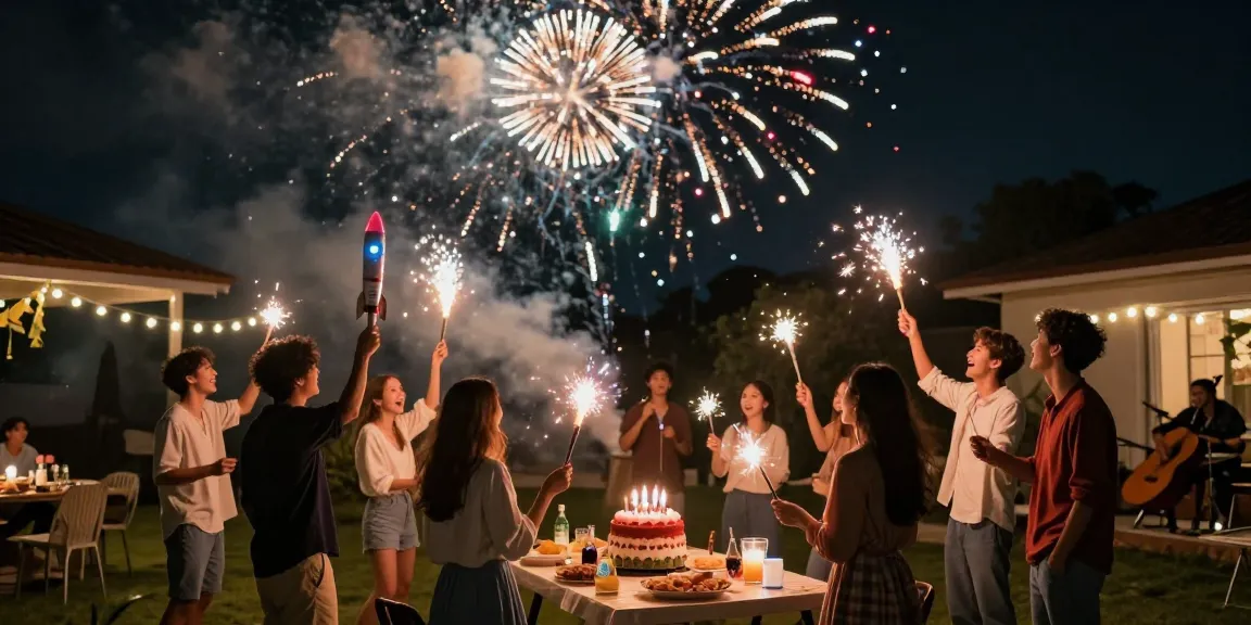 Group of friends enjoying fireworks celebration, showcasing cheap fireworks near me in vibrant night sky.