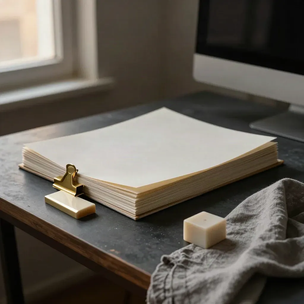 Storm-lit copywriting table with proof pages, brass clips, linen cloth and turned monitor.