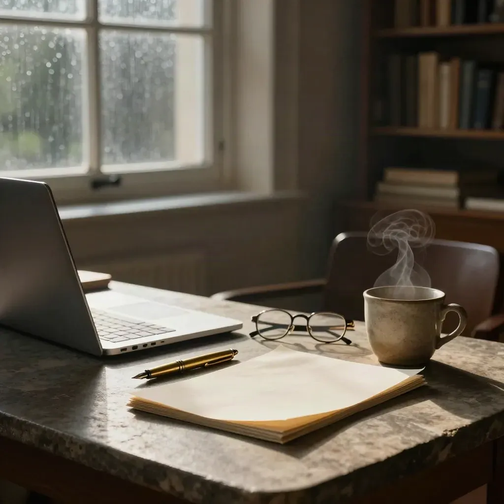 Copywriter workstation with laptop, brass pen, proofs, glasses and cup in rain-lit dawn