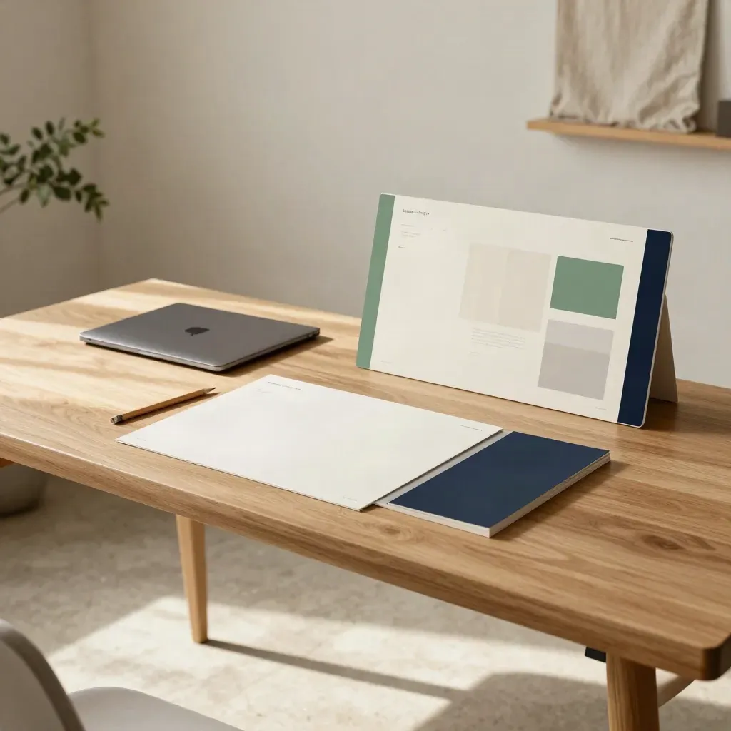 Sunlit copywriting desk with a closed laptop, blank mockups, and a navy-edged board.