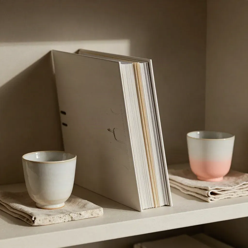 Editorial shelf still life with binder, cup, linen swatch and stone tray in soft light