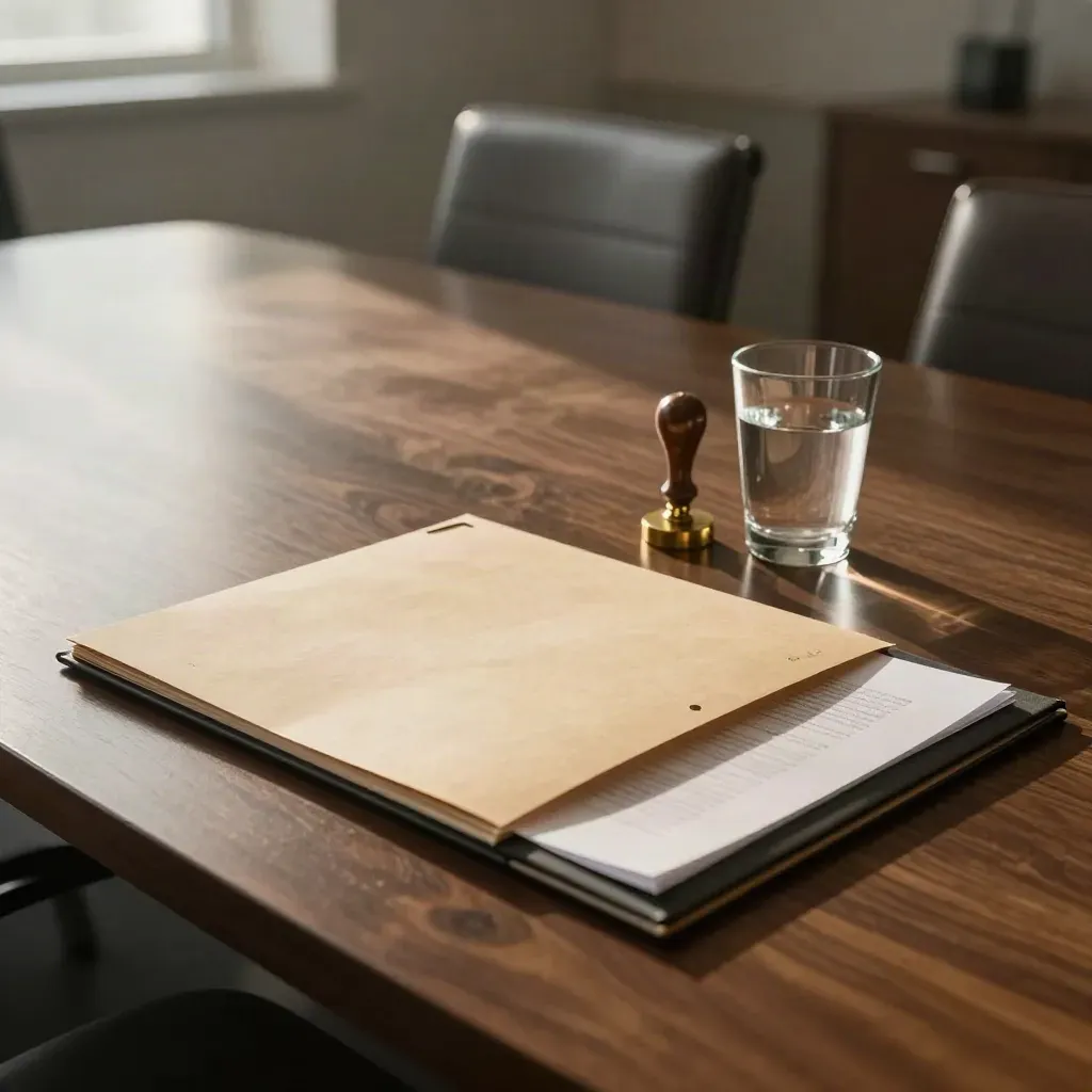 Face-down folder, brass stamp, water glass and clipped proof page on a conference table