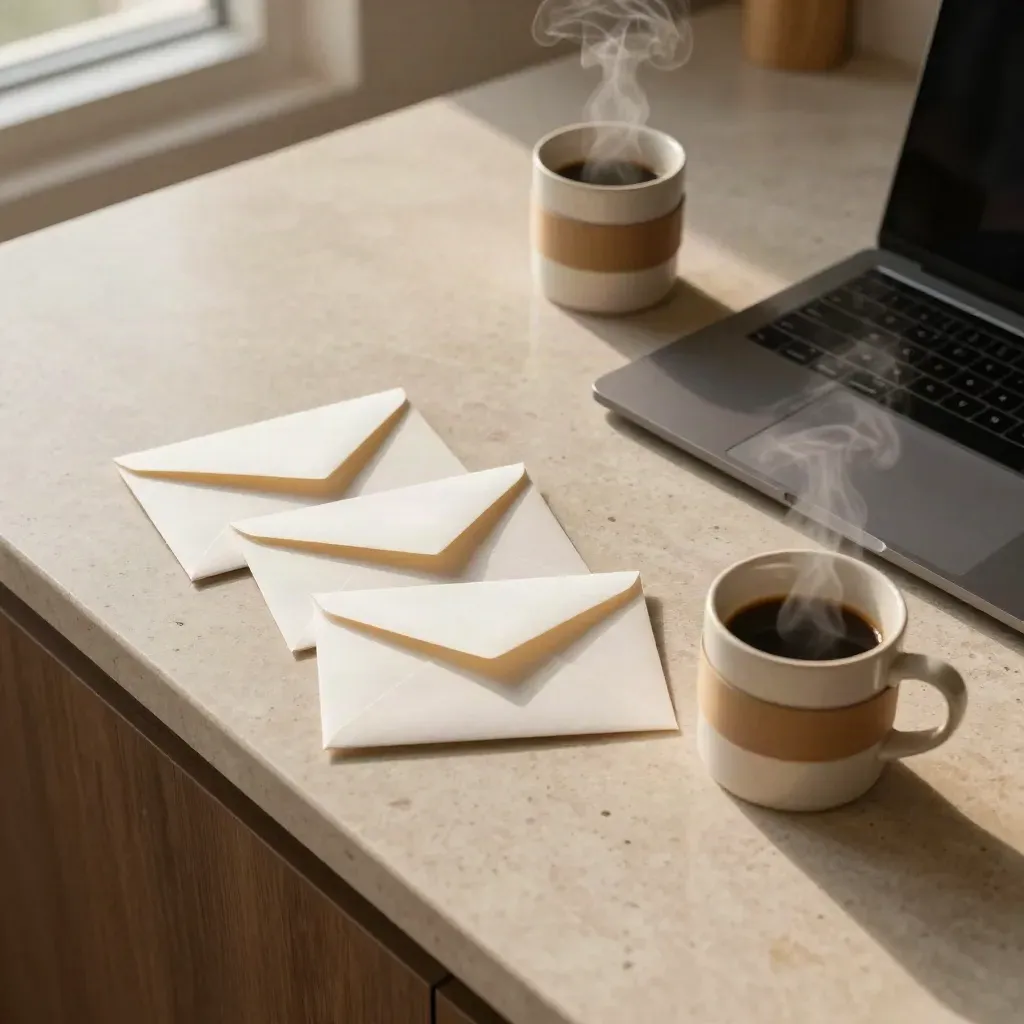 Top-down kitchen flatlay of blank envelopes, closed laptop, steaming coffee mug, and a loose paper band.