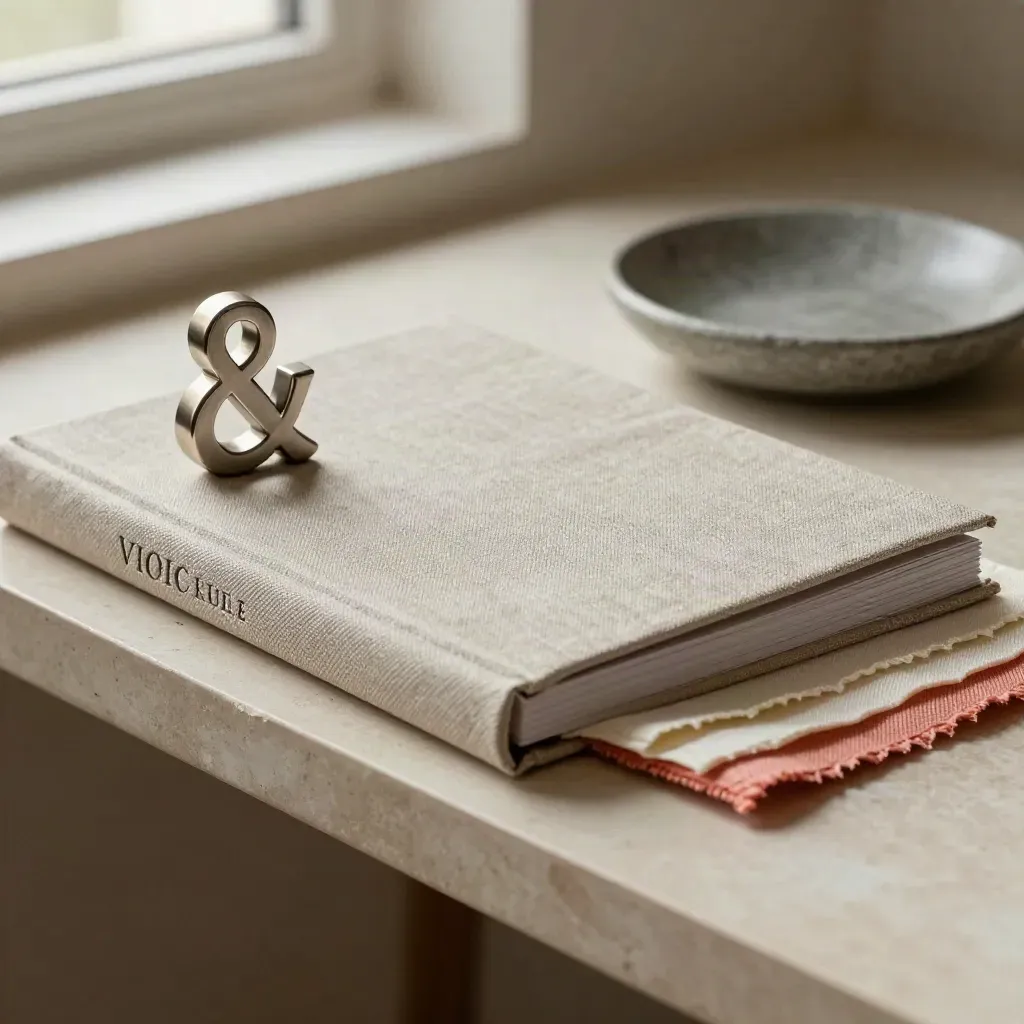 Macro of a linen-bound style guide beside an ampersand sculpture, cloth sample, and stone dish.