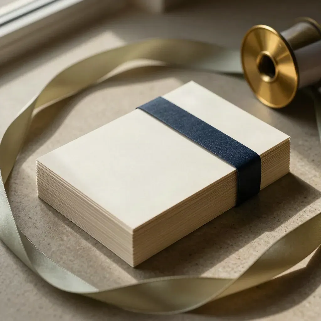Overhead flatlay of blank message cards, brass paperweight, and navy ribbon spool on stone.