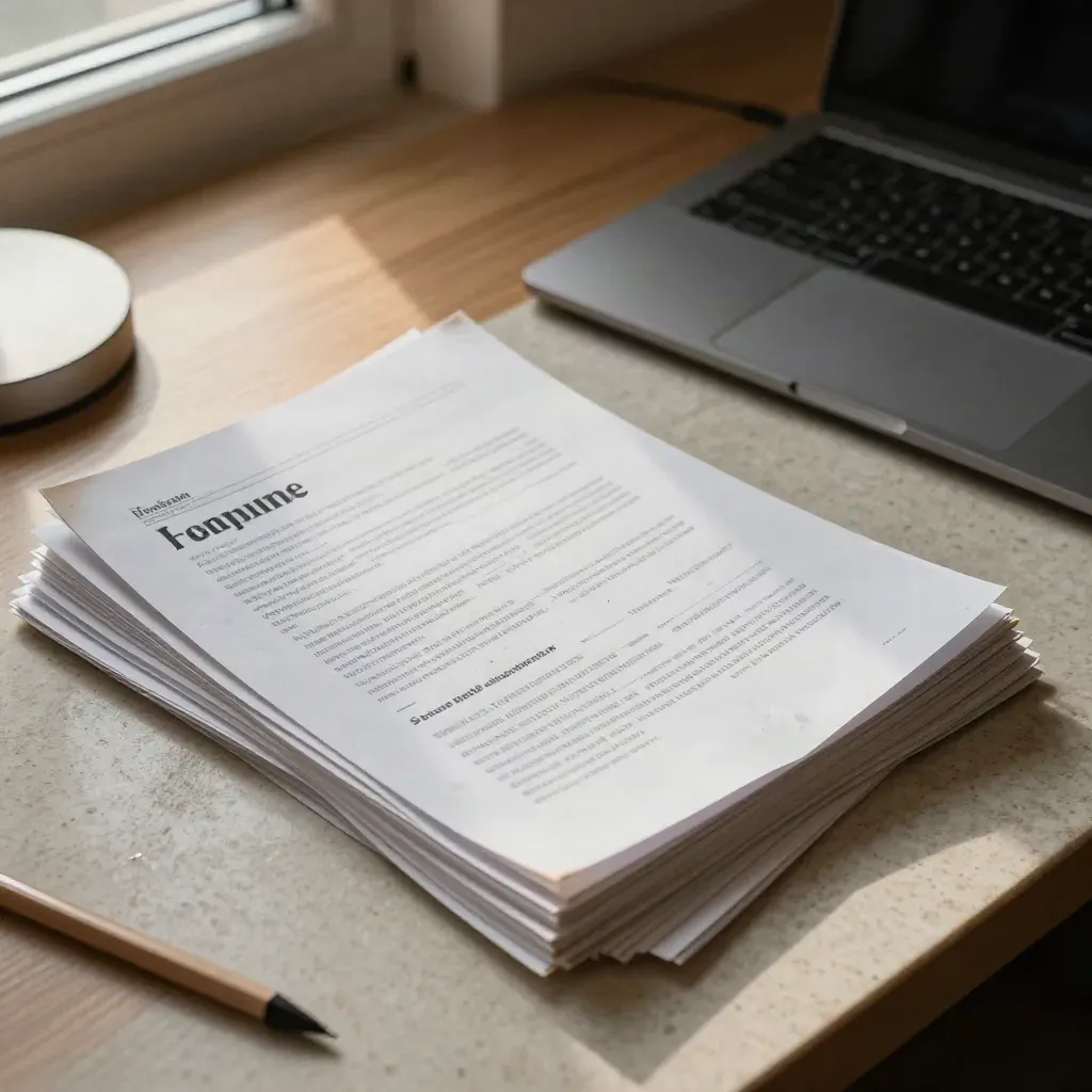 Top-down edit desk with face-down copy pages, laptop, and marked margins in soft morning light