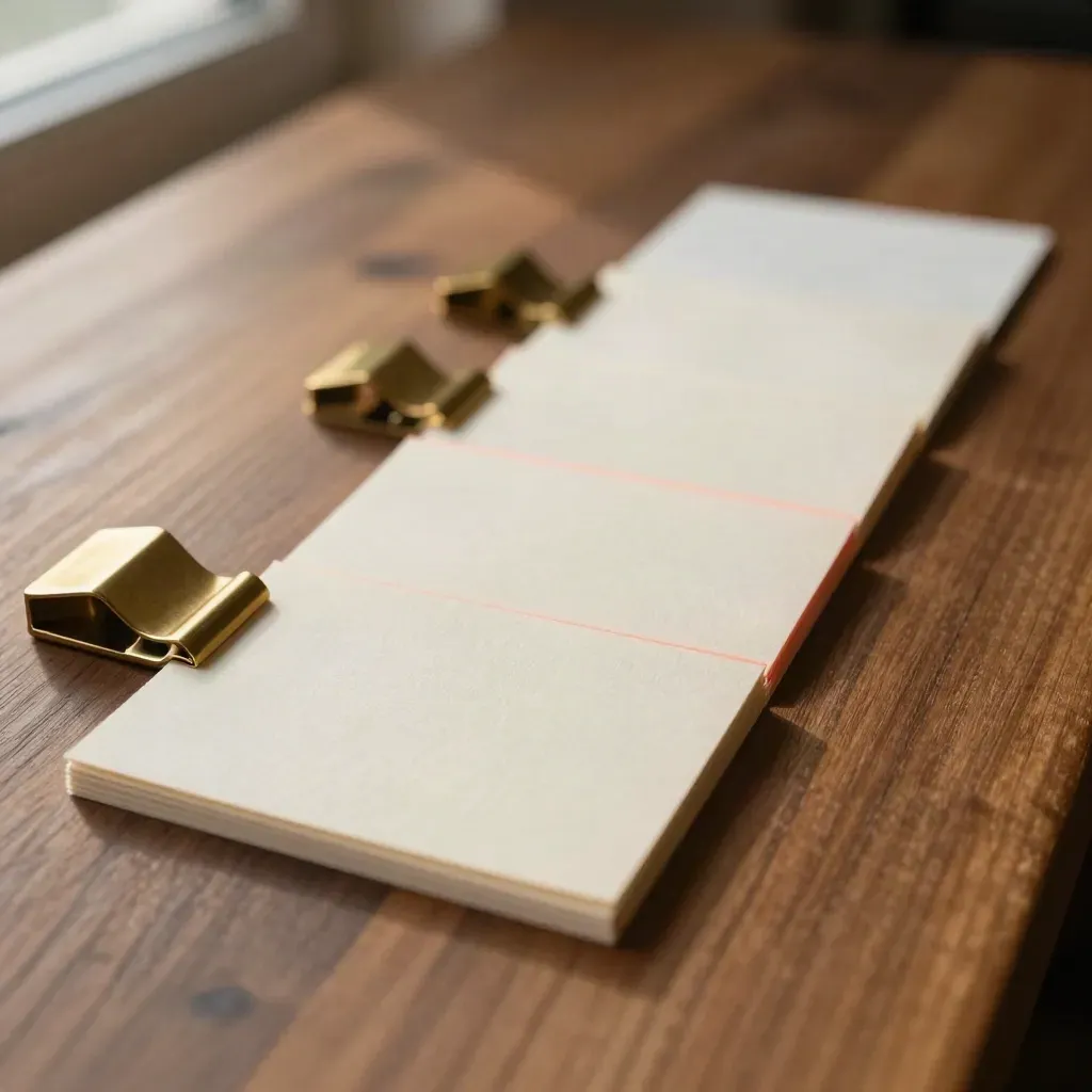 Cream cards and brass props arranged on a walnut table in a cinematic copywriting studio.