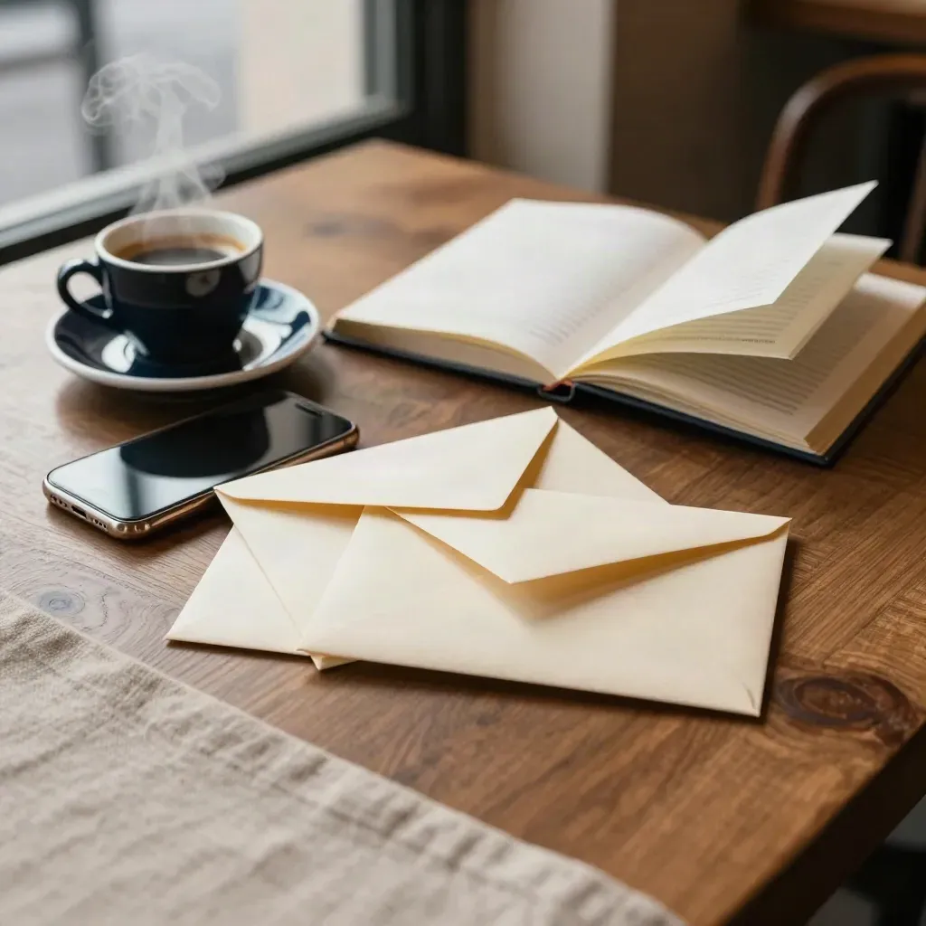 Face-down phone, three cream envelopes and a half-open notebook on a café table with espresso steam.