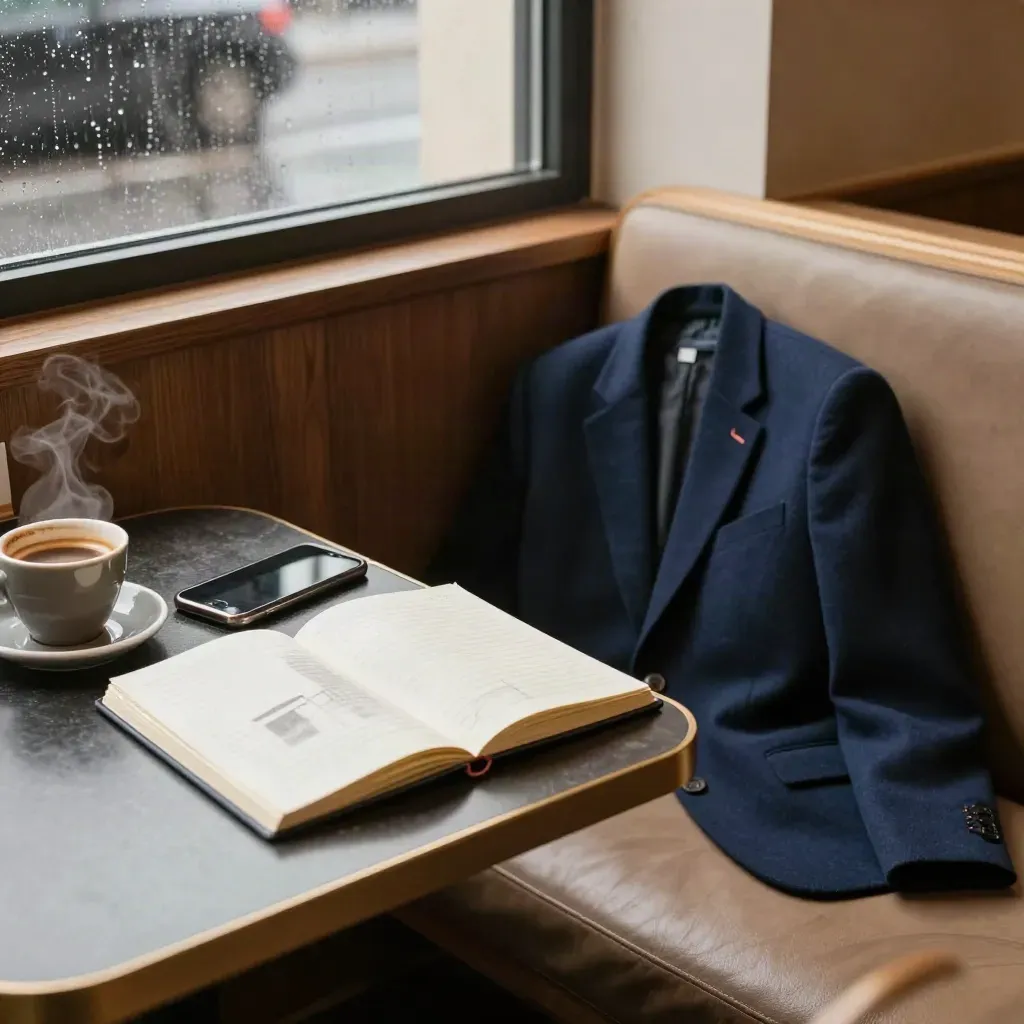 Notebook, face-down phone and folded blazer in a rain-lit café booth
