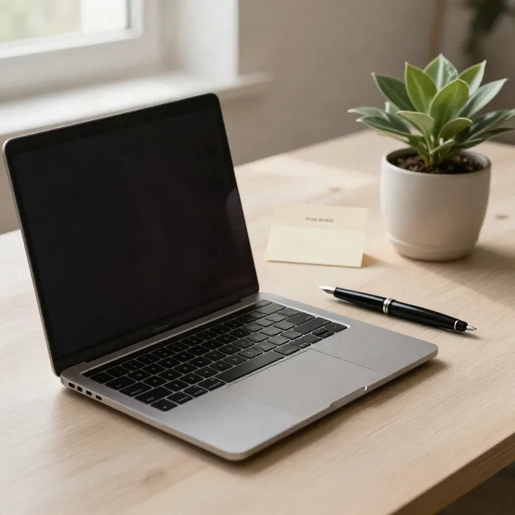 Half-open matte laptop, fountain pen and potted plant on pale wood, homepage copy thumbnail.