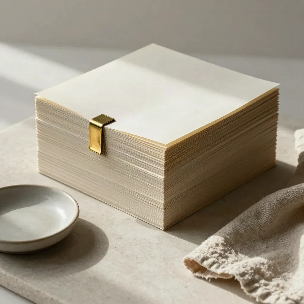 Face-down proof pages clipped on stone with ceramic dish and folded cloth for Sales Page Notes.